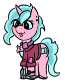 Size: 131x166 | Tagged: safe, artist:gray star, derpibooru import, part of a set, oc, oc:candy chip, cyborg, pony, unicorn, the sunjackers, chest fluff, clothes, cyberpunk, female, goggles, goggles on head, gray's tiny pony set, image, jacket, mare, png, simple background, transparent background
