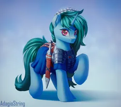 Size: 3500x3100 | Tagged: safe, artist:adagiostring, derpibooru import, oc, unofficial characters only, pony, unicorn, commission, female, gladius, horn, image, jpeg, solo, sword, unicorn oc, weapon