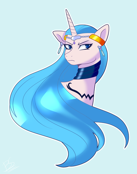 Size: 1628x2070 | Tagged: safe, artist:brooklynsentryyt, derpibooru import, oc, oc:aquarius, unofficial characters only, unicorn, series:friendship is forever, aquarius, bust, choker, ear piercing, earring, frown, headpiece, image, jewelry, looking sideways, piercing, png, simple background, solo, tiara, zodiac
