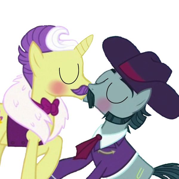 Size: 1000x1000 | Tagged: safe, derpibooru import, dandy grandeur, turner mccolt, earth pony, pony, unicorn, blushing, clothes, couple, duo, eyebrows, eyes closed, facial hair, gay, gay couple, hat, image, kiss on the lips, kissing, male, mccolt family, moustache, png, shipping, stallion