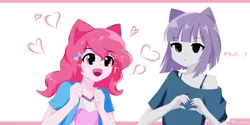 Size: 3000x1500 | Tagged: safe, artist:sholechbrony, derpibooru import, maud pie, pinkie pie, human, equestria girls, duo, duo female, eared humanization, excited, female, heart, heart hands, humanized, image, open mouth, open smile, png, siblings, signature, sisters, smiling, sparkles