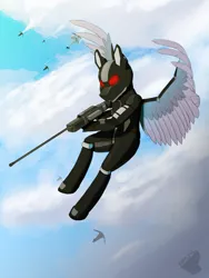 Size: 3000x4000 | Tagged: safe, artist:apuljack, derpibooru import, oc, unofficial characters only, pegasus, pony, semi-anthro, armor, cloud, gun, image, png, science fiction, solo, weapon