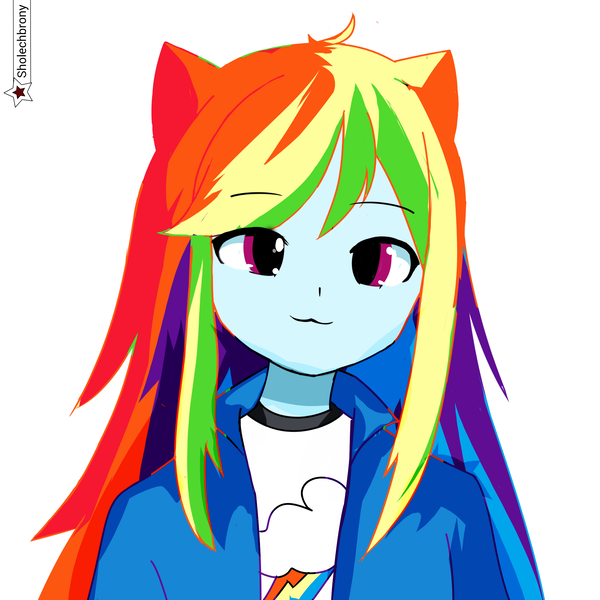 Size: 2000x2000 | Tagged: safe, artist:sholechbrony, derpibooru import, rainbow dash, human, equestria girls, :3, bust, eared humanization, female, humanized, image, png, portrait, signature, simple background, solo, white background