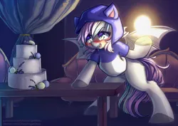 Size: 1488x1052 | Tagged: safe, artist:chaosangeldesu, derpibooru import, oc, oc:candy bits, bat pony, pony, bat pony oc, bat wings, blushing, cake, clothes, food, hoodie, image, jpeg, solo, wings