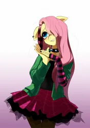 Size: 1445x2048 | Tagged: safe, artist:aztrial, derpibooru import, fluttershy, anthro, pegasus, pony, choker, clothes, draw this in your style, dtiys, dtiys emoflat, ear piercing, earring, evening gloves, female, fingerless elbow gloves, fingerless gloves, gloves, gradient background, grin, hair over one eye, hands together, image, jacket, jewelry, jpeg, long gloves, mare, nail polish, piercing, plaid skirt, skirt, smiling, solo, spiked choker, striped gloves