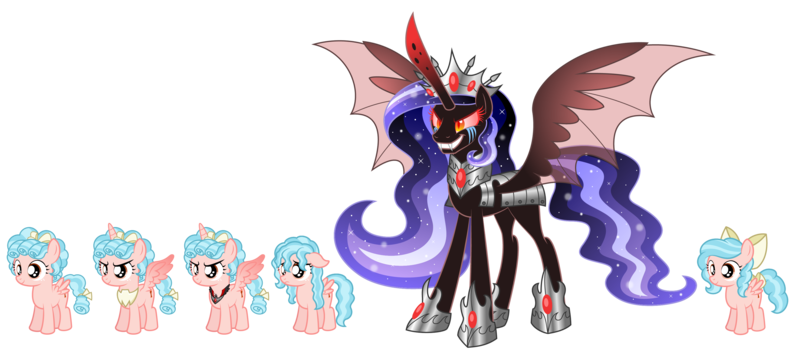 Size: 3146x1391 | Tagged: safe, artist:aleximusprime, derpibooru import, cozy glow, oc, oc:the sorceress, alicorn, fanfic:oh mother where art thou, flurry heart's story, a better ending for cozy, alicorn amulet, alicornified, anklet, bat wings, bow, cozybetes, cozycorn, crown, crying, cute, floppy ears, freckles, hair bow, happy ending, image, jewelry, png, race swap, red sclera, reformed villain, regalia, sad, slit pupils, wavy hair, wet, wet mane, wings