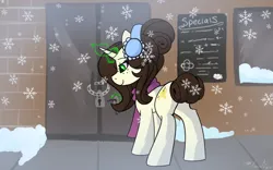 Size: 2000x1251 | Tagged: safe, artist:aurorafang, derpibooru import, oc, oc:vanilla drops, unicorn, clothes, derpibooru exclusive, earmuffs, horn, image, key, lock, magic, png, scarf, snow, tail, tail bun, unicorn oc