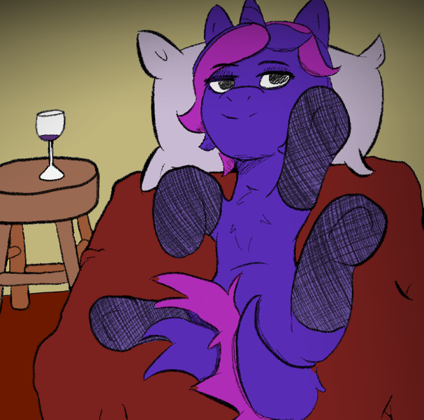 Size: 869x859 | Tagged: suggestive, artist:zan logemlor, derpibooru import, oc, oc:fine wine, unofficial characters only, pony, unicorn, alcohol, bed, chest fluff, female, fishnets, glass, horn, image, lying down, mare, on back, pillow, png, smiling, solo, solo female, strategically covered, tail, tail censor, unicorn oc, wine