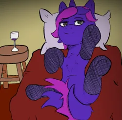 Size: 869x859 | Tagged: suggestive, artist:zan logemlor, derpibooru import, oc, oc:fine wine, unofficial characters only, pony, unicorn, alcohol, bed, chest fluff, female, fishnets, glass, horn, image, lying down, mare, on back, pillow, png, smiling, solo, solo female, strategically covered, tail, tail censor, unicorn oc, wine