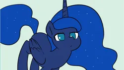 Size: 1991x1125 | Tagged: safe, artist:doublewbrothers, derpibooru import, princess luna, alicorn, pony, blue background, cyan background, image, looking at you, png, simple background