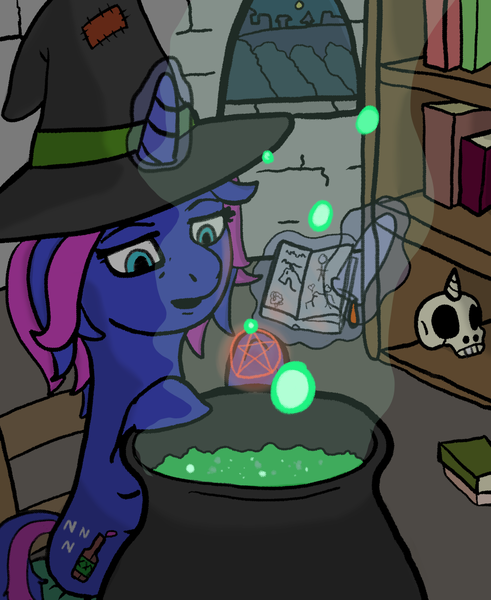 Size: 955x1166 | Tagged: safe, artist:zan logemlor, derpibooru import, oc, oc:fine wine, unofficial characters only, pony, unicorn, book, bookshelf, cauldron, chair, female, glow, glowing horn, hat, horn, image, magic, magic aura, mare, pentagram, png, potion, potion making, shelf, sitting, skull, solo, telekinesis, test tube, unicorn oc, window, witch hat