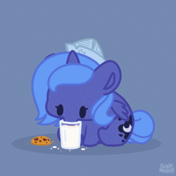 Size: 560x559 | Tagged: safe, artist:sugar morning, derpibooru import, princess luna, alicorn, pony, animated, cartographer's cap, cookie, cute, female, filly, foal, food, gif, hat, image, lapping, loop, lunabetes, milk, mlem, paper hat, silly, simple background, sitting, solo, tongue out, woona, younger