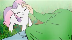 Size: 1278x721 | Tagged: safe, artist:doublewbrothers, derpibooru import, sweetie belle, human, pony, unicorn, begging, behaving like a lamb, clothes, cute, diasweetes, eyes closed, female, filly, foal, grass, horn, image, jpeg, looking at you, lying down, lying on the ground, male, mare, missing cutie mark, petting, smiling, sweetie belle is not amused, tail, unamused