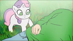 Size: 1279x723 | Tagged: safe, artist:doublewbrothers, derpibooru import, sweetie belle, human, pony, unicorn, begging, behaving like a lamb, clothes, cute, diasweetes, eyes closed, female, filly, foal, grass, horn, image, jpeg, looking at you, lying down, lying on the ground, male, mare, missing cutie mark, petting, smiling, sweetie belle is not amused, tail, unamused