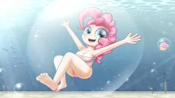 Size: 1920x1080 | Tagged: suggestive, artist:phoenixrk49, derpibooru import, pinkie pie, fish, human, arms spread out, bikini, breasts, bubble, clothes, crepuscular rays, cupcake, female, floating, food, humanized, image, looking at you, open mouth, open smile, png, smiling, smiling at you, solo, solo female, swimsuit, underwater, water