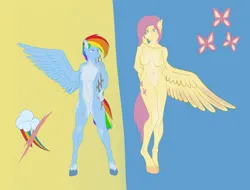 Size: 3952x3000 | Tagged: suggestive, artist:fluffyorbiter, derpibooru import, fluttershy, rainbow dash, anthro, pegasus, unguligrade anthro, abs, alternate timeline, amputee, arm behind back, artificial wings, augmented, barbie doll anatomy, belly button, breasts, crystal war timeline, duo, featureless breasts, featureless crotch, female, flutterdash, height difference, high res, image, lesbian, looking at each other, looking at someone, one wing out, pale belly, png, prosthetic limb, prosthetic wing, prosthetics, scar, shipping, short hair, short hair rainbow dash, wings