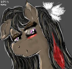 Size: 625x600 | Tagged: safe, artist:ray-pemmburge, derpibooru import, oc, oc:daydream, unofficial characters only, earth pony, pony, bust, feather, female, gray background, image, jpeg, lidded eyes, mare, portrait, simple background, smiling, solo