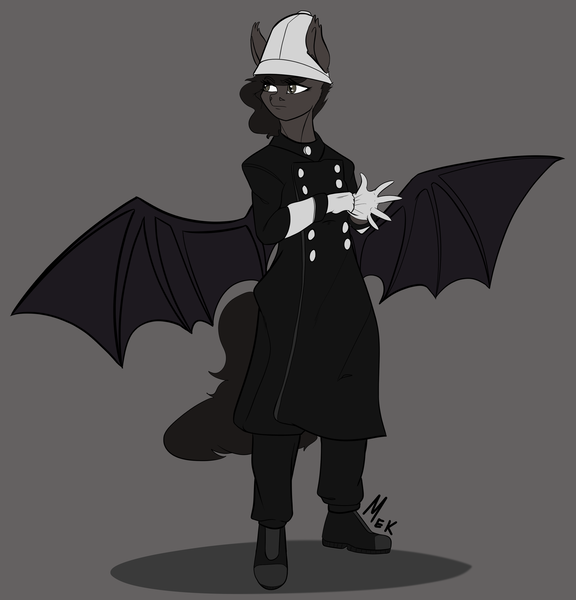 Size: 3366x3508 | Tagged: safe, artist:mekblue, derpibooru import, oc, anthro, bat pony, anthro oc, bat pony oc, bat wings, boots, clothes, coat, commission, gloves, image, old timey, png, police officer, serious, serious face, shoes, spread wings, wings