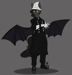 Size: 3366x3508 | Tagged: safe, artist:mekblue, derpibooru import, oc, anthro, bat pony, anthro oc, bat pony oc, bat wings, boots, clothes, coat, commission, gloves, image, old timey, png, police officer, serious, serious face, shoes, spread wings, wings