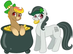 Size: 900x665 | Tagged: safe, artist:bumblebun, derpibooru import, oc, unofficial characters only, earth pony, pony, clover, four leaf clover, glasses, gold, gold coins, happy, hat, holiday, image, looking at you, mouth hold, png, pot of gold, saint patrick's day, smiling