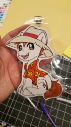 Size: 1152x2048 | Tagged: safe, artist:inkkeystudios, derpibooru import, oc, unofficial characters only, earth pony, pony, :3, badge, clothes, hat, hawaiian shirt, image, jpeg, looking at you, photo, shirt, sitting, smiling, solo, traditional art, unshorn fetlocks