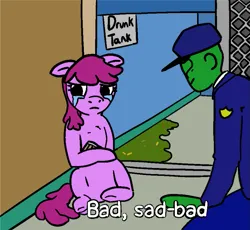 Size: 823x757 | Tagged: safe, artist:zan logemlor, derpibooru import, berry punch, berryshine, oc, oc:anon, earth pony, human, pony, crying, drunk, female, floppy ears, human male, image, male, mare, png, police, police officer, vomit