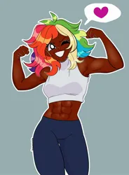 Size: 1506x2048 | Tagged: safe, artist:itssummerok, derpibooru import, rainbow dash, human, abs, alternate hairstyle, blue background, clothes, dark skin, female, grin, humanized, image, jpeg, muscles, one eye closed, pants, simple background, smiling, solo, sweatpants, tanktop, wink
