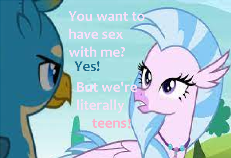 Size: 1002x686 | Tagged: suggestive, derpibooru import, edit, edited screencap, screencap, gallus, silverstream, school daze, female, image, implied gallstream, implied sex, implied shipping, implied straight, looking at each other, looking at someone, male, png, smiling, smirk, text, text edit