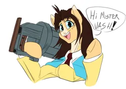 Size: 4961x3508 | Tagged: safe, artist:mekblue, derpibooru import, ponified, pony, anime, big gun, female, image, looking at you, mare, millie thompson, png, simple background, sketch, smiling, smiling at you, solo, speech bubble, trigun, white background