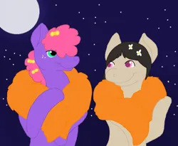 Size: 624x511 | Tagged: safe, artist:rascalraccoon, derpibooru import, oc, oc:daydream, oc:fuzz, unofficial characters only, earth pony, pony, art trade, duo, duo male and female, feather boa, female, full moon, halloween, holiday, image, male, mare, moon, outdoors, png, stallion, starry night