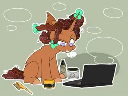 Size: 2048x1536 | Tagged: safe, artist:itssummerok, derpibooru import, oc, unofficial characters only, pony, unicorn, computer, female, glow, glowing horn, horn, image, jpeg, laptop computer, unicorn oc