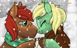Size: 973x611 | Tagged: safe, artist:colorlesscupcake, derpibooru import, oc, oc:rusty, oc:sweet pea, unofficial characters only, earth pony, pony, art trade, boop, carrot, clothes, eyes closed, female, food, freckles, image, male, mare, noseboop, oc x oc, outdoors, png, scarf, shipping, smiling, snow, snowfall, snowman, stallion, unshorn fetlocks