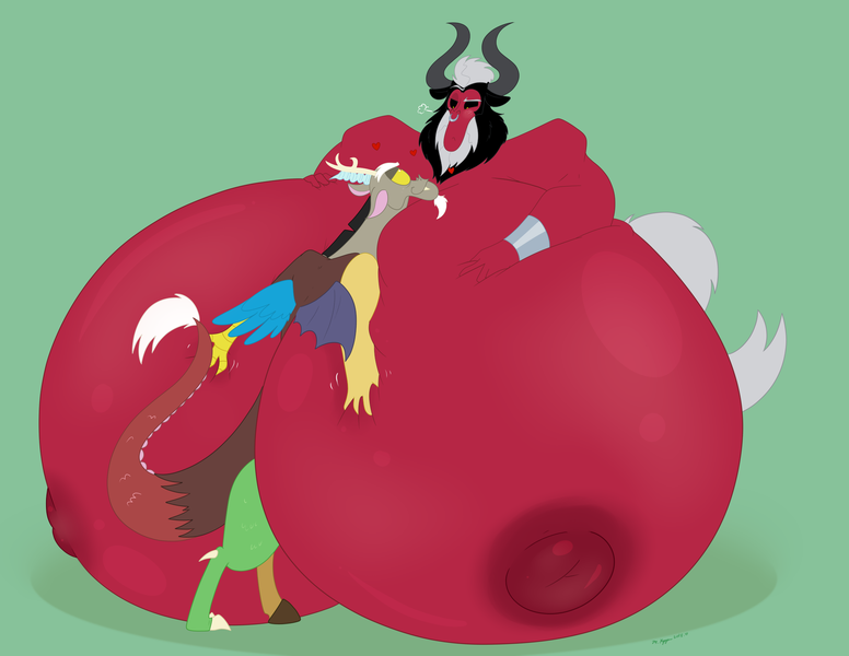 Size: 2196x1698 | Tagged: explicit, artist:necrofeline, derpibooru import, discord, lord tirek, centaur, draconequus, taur, big breasts, breast expansion, breast grab, breasts, busty boy, busty lord tirek, commission, floating heart, gay, grope, growth, heart, huge breasts, hyper, hyper breasts, image, impossibly large breasts, intersex, looking at each other, looking at someone, male, nipples, nudity, png, shipping, tirekcord