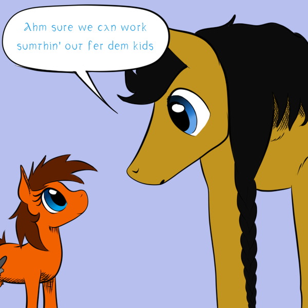 Size: 659x659 | Tagged: safe, artist:darkhestur, derpibooru import, oc, oc:dark, oc:sugar, earth pony, braid, image, png, simple background, size difference, speech bubble