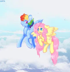 Size: 1529x1573 | Tagged: safe, artist:plushplague, derpibooru import, fluttershy, rainbow dash, bird, pegasus, pony, cloud, duo, duo female, female, floppy ears, flying, grin, image, jpeg, looking at each other, looking at someone, mare, open mouth, open smile, signature, sky, smiling, spread wings, wings