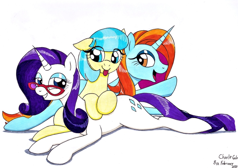 Size: 3482x2462 | Tagged: safe, artist:killerteddybear94, derpibooru import, coco pommel, rarity, sassy saddles, earth pony, pony, unicorn, :p, cocobetes, cute, glasses, grin, image, jpeg, lying down, open mouth, open smile, prone, raribetes, silly, smiling, sploot, tongue out, traditional art