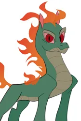 Size: 654x972 | Tagged: safe, artist:nonameorous, derpibooru import, dragon, hybrid, longma, them's fightin' herds, community related, image, looking at you, mane of fire, png, simple background, smiling, solo, standing, tianhuo (tfh), white background