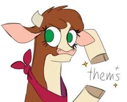 Size: 723x580 | Tagged: safe, artist:nonameorous, derpibooru import, cow, them's fightin' herds, arizona (tfh), bandana, cloven hooves, community related, image, looking away, png, simple background, smiling, solo, sparkles, text, white background