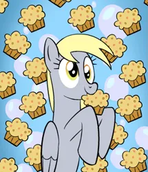 Size: 1345x1566 | Tagged: safe, artist:nonameorous, derpibooru import, derpy hooves, pegasus, blue background, bubble, cross-eyed, food, hoof hold, image, muffin, png, simple background, solo