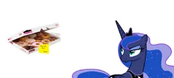 Size: 2800x1252 | Tagged: safe, derpibooru import, princess celestia, princess luna, alicorn, pony, box of donuts, cake, cakelestia, donut, donutlestia, female, food, image, implied princess celestia, lunasmug, mare, png, pun, simple background, smiling, smug, smugmoon, solo, sticky note