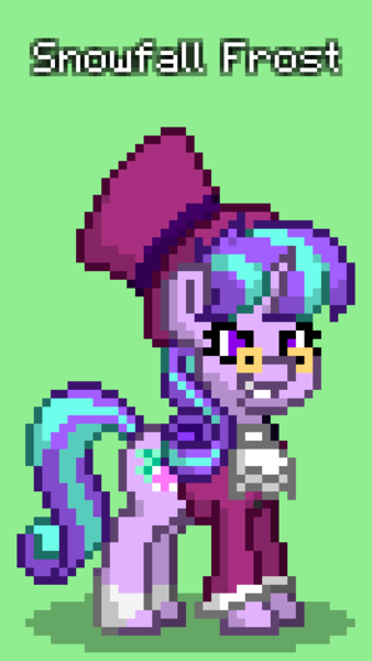 Size: 528x936 | Tagged: safe, derpibooru import, snowfall frost, starlight glimmer, pony, pony town, a hearth's warming tail, clothes, coat, glasses, hat, image, png, socks, solo