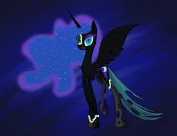 Size: 1300x1000 | Tagged: safe, artist:t3zz, derpibooru import, nightmare moon, queen chrysalis, alicorn, changeling, pony, character to character, image, nightmare chrysalis, nightmarified, png, solo, transformation