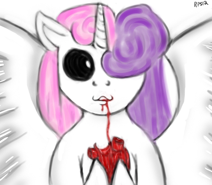 Size: 800x700 | Tagged: grimdark, artist:ray-pemmburge, derpibooru import, sweetie belle, pony, unicorn, angel, black sclera, blood, eating, female, food, g4, heart (organ), image, jpeg, meat, organs, ponies eating meat, solo, spread wings, wings