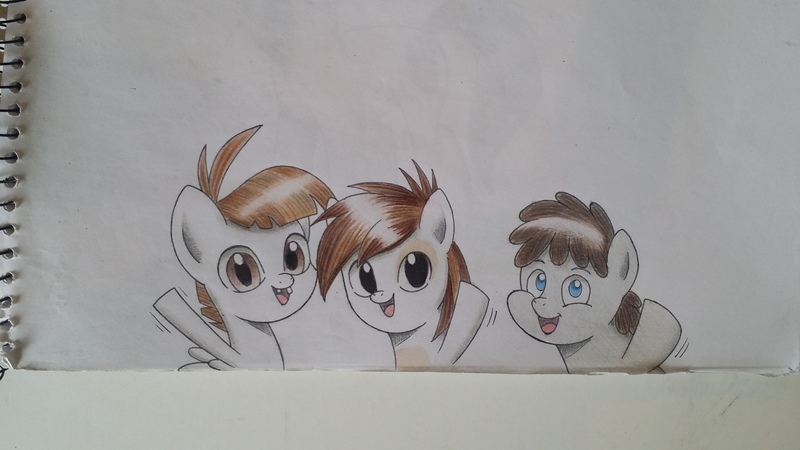 Size: 4128x2322 | Tagged: safe, artist:mrbojorquez7, derpibooru import, featherweight, pipsqueak, truffle shuffle, earth pony, pegasus, pony, image, jpeg, male, traditional art, trio, waving