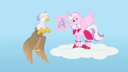 Size: 1280x721 | Tagged: safe, artist:mlp-silver-quill, derpibooru import, oc, oc:doodle dabble, oc:mary sue, oc:silver quill, after the fact, after the fact:slice of life, clothes, cloud, dress, image, mary sue is not amused, png, unamused