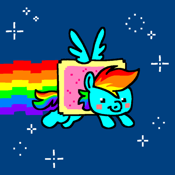 Size: 863x863 | Tagged: safe, artist:msponies, derpibooru import, rainbow dash, ponified, food pony, original species, pegasus, pony, blush sticker, blushing, contrail, dot eyes, flying, food, g4, image, ms paint, nyan cat, nyan dash, png, poptart, rainbow trail, smiling, solo, sparkles, spread wings, tail, wings