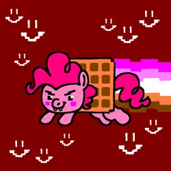 Size: 863x863 | Tagged: safe, artist:msponies, derpibooru import, pinkie pie, ponified, earth pony, food pony, original species, pony, contrail, dot eyes, fangs, flying, food, g4, image, ms paint, nyan cat, png, smiley face, smiling, solo, tail, waffle