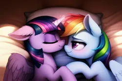 Size: 3072x2048 | Tagged: safe, ai content, derpibooru import, machine learning generated, novelai, stable diffusion, rainbow dash, twilight sparkle, twilight sparkle (alicorn), alicorn, pegasus, pony, g4, bed, blushing, cuddling, cute, duo, duo female, eyes closed, female, happy, high res, horn, image, indoors, jpeg, lesbian, lidded eyes, looking at someone, loving gaze, lying down, mare, pillow, prompter:endless--, shipping, side, smiling, snuggling, twidash, wings