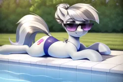 Size: 768x512 | Tagged: safe, derpibooru import, machine learning generated, novelai, stable diffusion, silver spoon, earth pony, alternate cutie mark, alternate hairstyle, backyard, clothes, grass, hair bun, image, lying down, older, older silver spoon, png, poolside, prone, solo, sunglasses, swimming pool, swimsuit, tail, tail wrap, wrong cutie mark