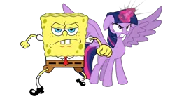 Size: 1920x1080 | Tagged: safe, artist:thxfan2022, derpibooru import, twilight sparkle, twilight sparkle (alicorn), alicorn, pony, twilight's kingdom, angry, crossover, image, nickelodeon, png, ready to fight, simple background, spongebob squarepants, spongebob squarepants (character), transparent background